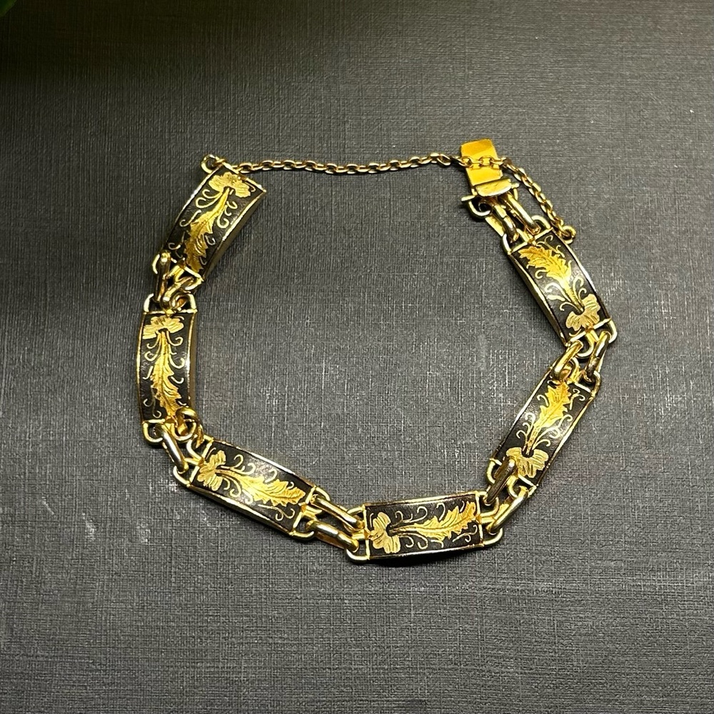Vintage Black and Gold Tone Damascene Style Link Bracelet